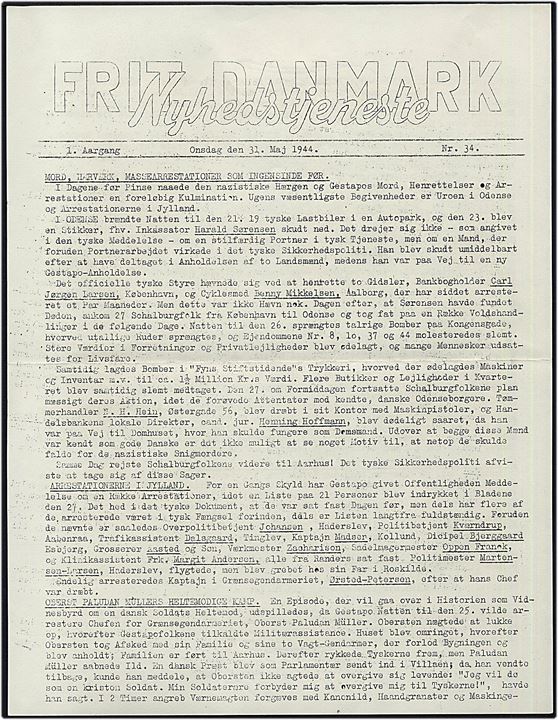Frit Danmark - Nyhedstjeneste. 1. Aargang nr. 34 d. 31.5.1944. Illegalt blad på 2 sider.