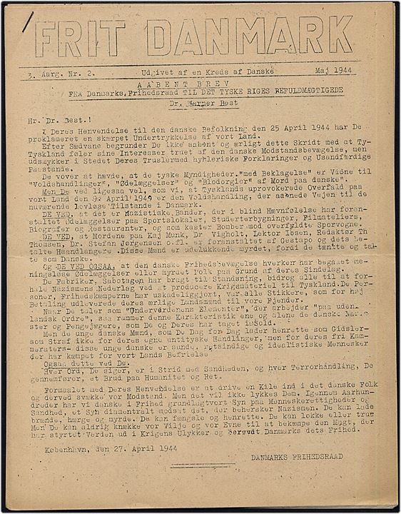 Frit Danmark. 3. Aargang nr. 2 - Maj 1945. Illegalt blad på 14 sider med Aabent Brev til Dr. Werner Best.