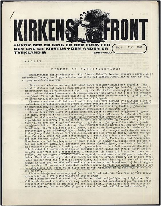 Kirkens Front. Nr. 4 d. 21.10.1943. Illegalt blad på 8 sider.