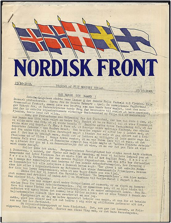 Nordisk Front d. 27.10.1943. Illegalt blad på 6 sider udgivet af Frit Nordisk Forlag.