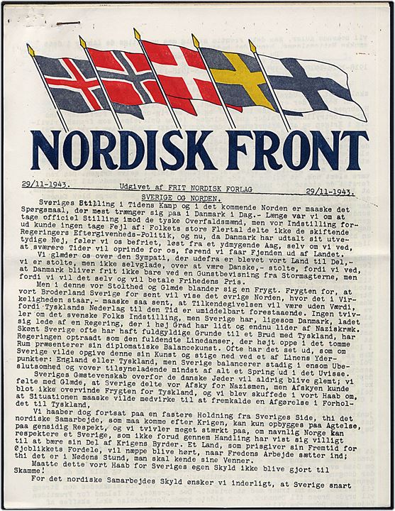 Nordisk Front d. 29.11.1943. Illegalt blad på 8 sider udgivet af Frit Nordisk Forlag.