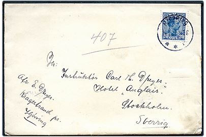 20 øre Chr. X på brev fra Hjørring d. 19.7.1920 til instruktør Carl Th. Dreyer i Stockholm, Sverige.