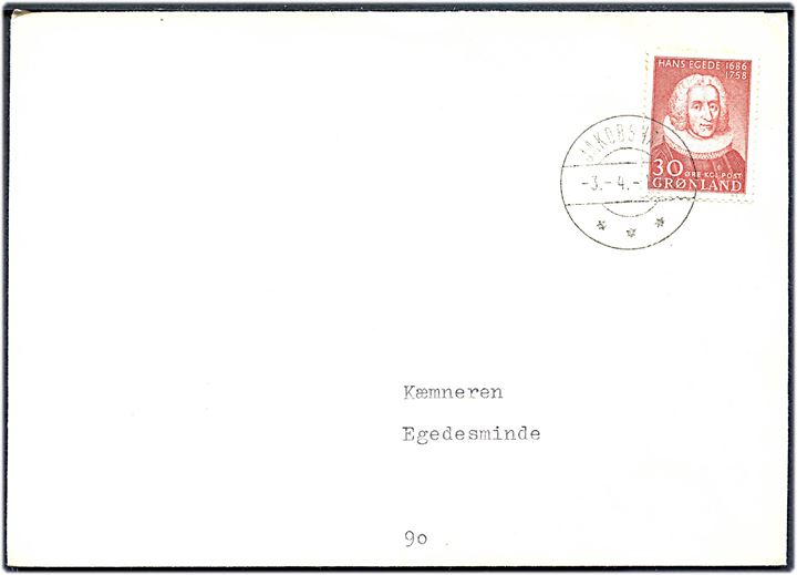 30 øre Hans Egede på brev fra Jakobshavn d. 3.4.1962 til Egedesminde.