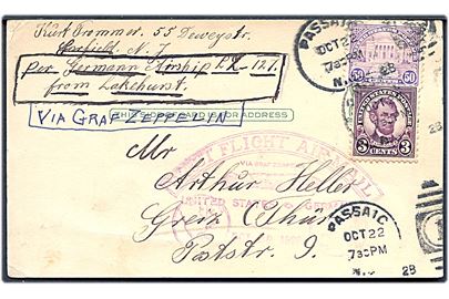 3 cents Lincoln og 50 cents Arlington på luftpost brevkort påskrevet per German Airship LZ3127 from Lakehurst stemplet Passaic d. 22.10.1928 via Friedrichshafen d. 1.11.1928 til Greiz, Tyskland. Flyvningsstempel First Flight Airmail via Graf Zeppelin United States - Germany d. 28.10.1928. 