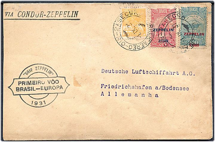 400 ries, samt 2$500/200 ries og 5$000/300 ries Zeppelin provisorium på luftpostbrev mærket via Condor-Zeppelin fra Rio de Janeiro d. 1.9.1931 til Friedrichshafen, Tyskland. Ank.stemplet i Tyskland d. 7.9.1931. Sort flyvningsstempel: Graf Zeppelin Primeiro Voo Brasil - Europa 1931.
