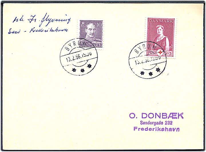 5+3 øre Røde Kors og 10 øre Chr. X på filatelistisk is-luftpost brevkort fra Byrum d. 13.2.1956 til Frederikshavn.
