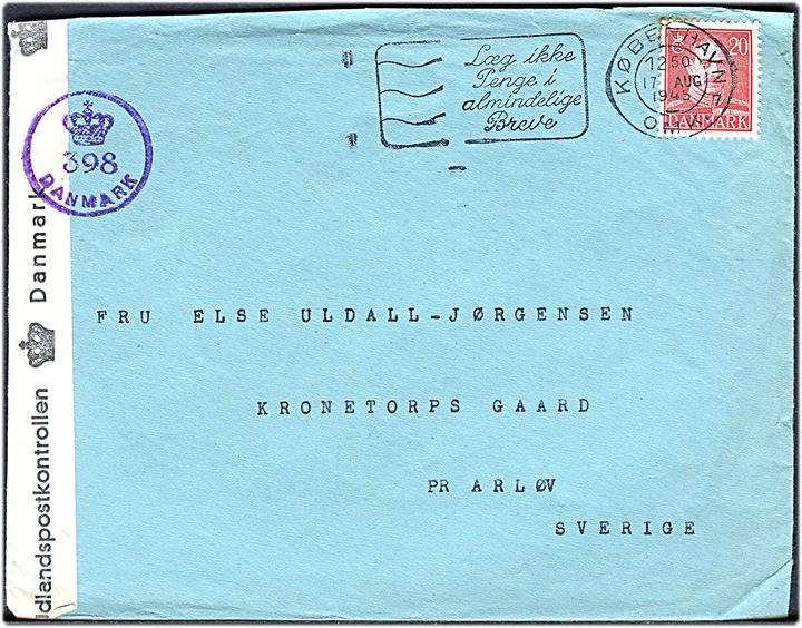 20 øre Chr. X på brev fra København d. 17.8.1945 til Arløv, Sverige. Åbnet af efterkrigscensur (krone)/398/Danmark.