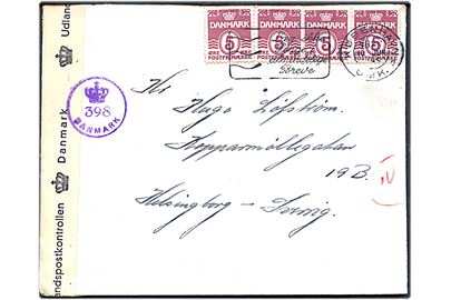 5 øre Bølgelinie (4) på brev fra København d. 10.6.1945 til Helsingborg, Sverige. Dansk efterkrigscensur (krone)/398/Danmark.