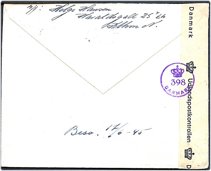 5 øre Bølgelinie (4) på brev fra København d. 10.6.1945 til Helsingborg, Sverige. Dansk efterkrigscensur (krone)/398/Danmark.