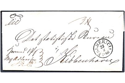 1860. Ufrankeret pakkefølgebrev for tjenestepakke fra Fredericia d. 23.9.1860 til Kjøbenhavn.