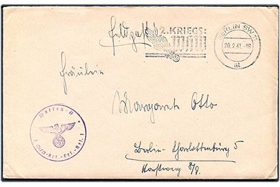 Ufrankeret feltpostbrev fra SS-Stm. i Berlin d. 20.2.1941. Briefstempel Waffen-SS / 7 SS-Art.-Ers.-Rgt. 1