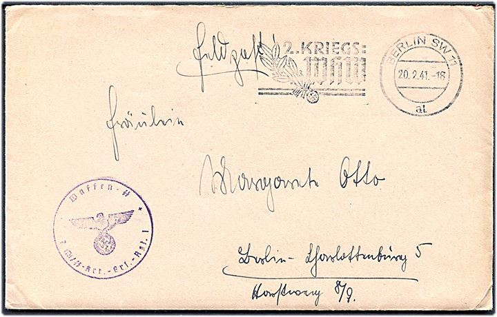 Ufrankeret feltpostbrev fra SS-Stm. i Berlin d. 20.2.1941. Briefstempel Waffen-SS / 7 SS-Art.-Ers.-Rgt. 1