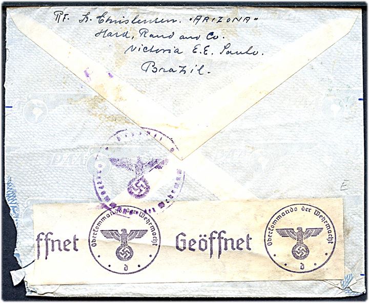5$400 blandingsfrankeret luftpostbrev fra Santo d. 2.1.1941 til Esbjerg, Danmark. Sendt fra sømand ombord på det oplagte DFDS skib M/S Arizona i Victoria, Brasilien. Åbnet af tysk censur i Frankfurt.