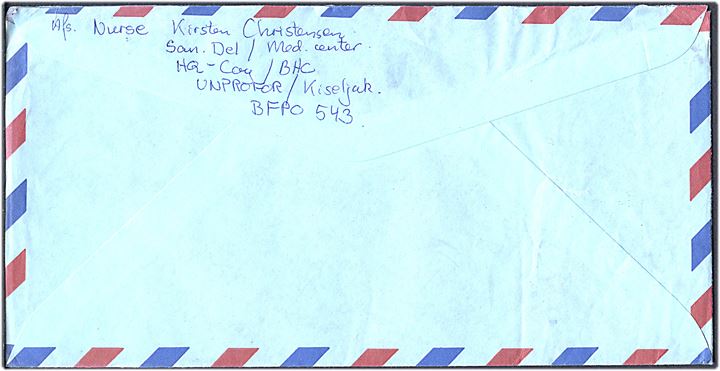 Britisk 4d Elizabeth på fortrykt UNPROFOR kuvert annulleret med svagt britisk feltpoststempel og sidestemplet Delayed due to insufficient postage London d. 14.1.1994 til Glücksburg, Tyskland. Fra dansk sygeplejeske ved HQ-Coy / BHC  UNPROFOR / Kiseljak BFPO 543.