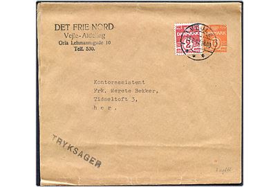 6 øre helsagskortbånd (fabr. 14) opfrankeret med 2 øre Bølgelinie sendt som 2. vægtkl. tryksag fra Det Frie Nord lokalt i Vejle d. 13.8.1943.