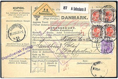 15 øre og 90 øre (4) Chr. X på internationalt adressekort for pakke med opkrævning fra Kjøbenhavn d. 27.7.1923 til Stockholm, Sverige.