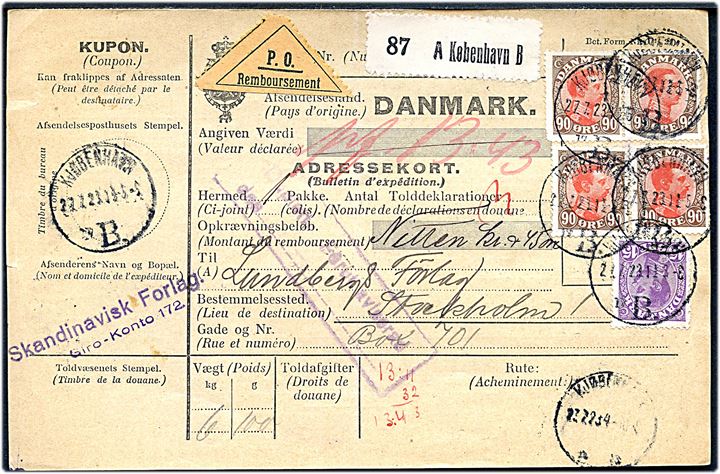 15 øre og 90 øre (4) Chr. X på internationalt adressekort for pakke med opkrævning fra Kjøbenhavn d. 27.7.1923 til Stockholm, Sverige.