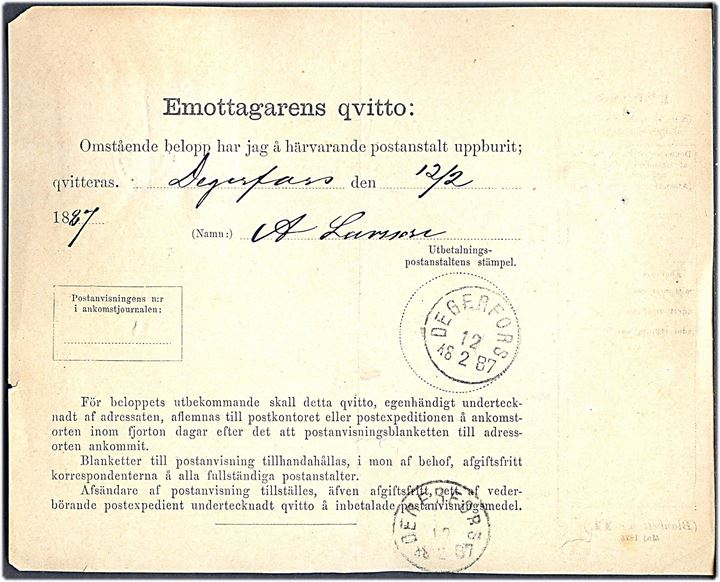5 öre og 20 öre Ringtype med posthorn på postanvisning stemplet Björneborgs Station d. 11.2.1887 via Kristinehamn til Degerfors.