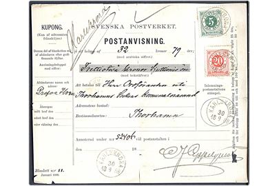 5 öre og 20 öre Ringtype med posthorn på postanvisning fra Karlskrona d. 30.9.1888 til Thorshamn.
