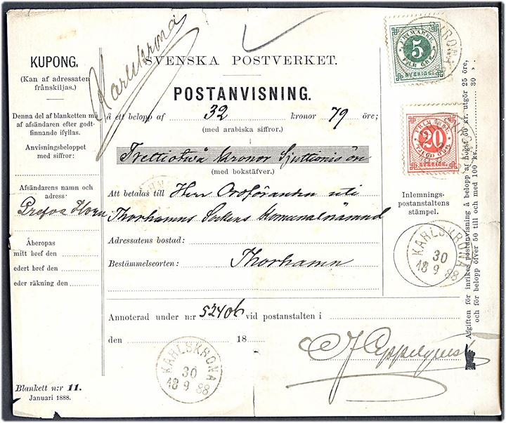 5 öre og 20 öre Ringtype med posthorn på postanvisning fra Karlskrona d. 30.9.1888 til Thorshamn.