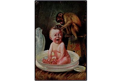 A. Von Riesen: Abe afluser hylende baby i badekar. Overdreven kærlighed. Heckscher no. 305. 