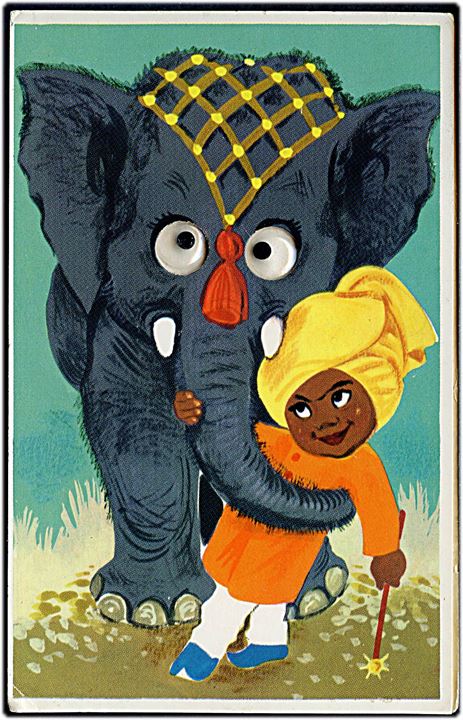 Tegnet kort med dreng og elefant med rulleøjne. IF forlag u/no.