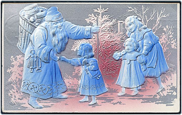 Prægekort med julemotiv. Julemand med gaver, børn og juletræ. Trykt i Tyskland, anvendt i København.