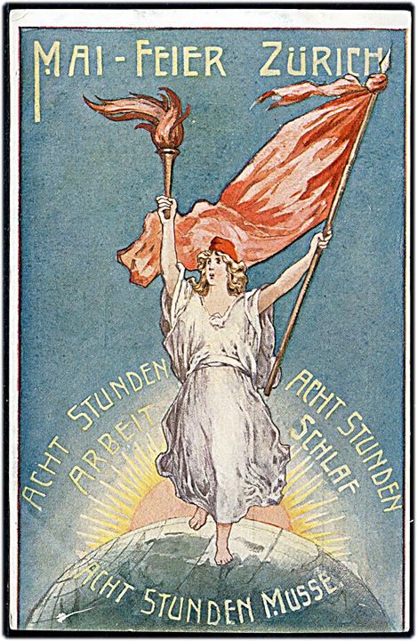 1. Maj festlighed i Zürich. På bagsiden stemplet Arbeiter-Union / Maifeier 1908 / Zürich. 