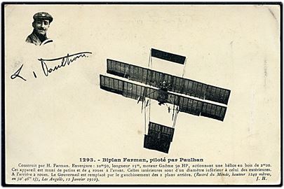 Franske flyver Paulhan i sit Farman biplan. No. 1293. Sendt fra Frankrig 1910 til Danmark.