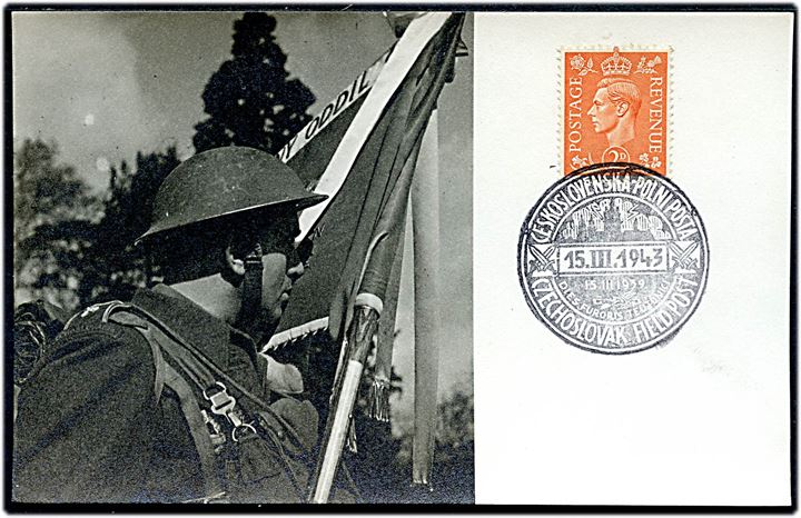 Tjekkiske eksilstyrker i England 1943. Frankeret med 2d George VI annulleret med tjekkisk 2-sproget feltpoststempel d. 15.3.1943. Uadresseret.