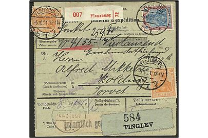 10 pfg. (2), 2 mk. og 4 mk. (14) Germania på for- og bagside af adressekort fra Flensburg d. 5.10.1921 via Tinglev B. til Kolding, Danmark. Godt banegårdsstempel.