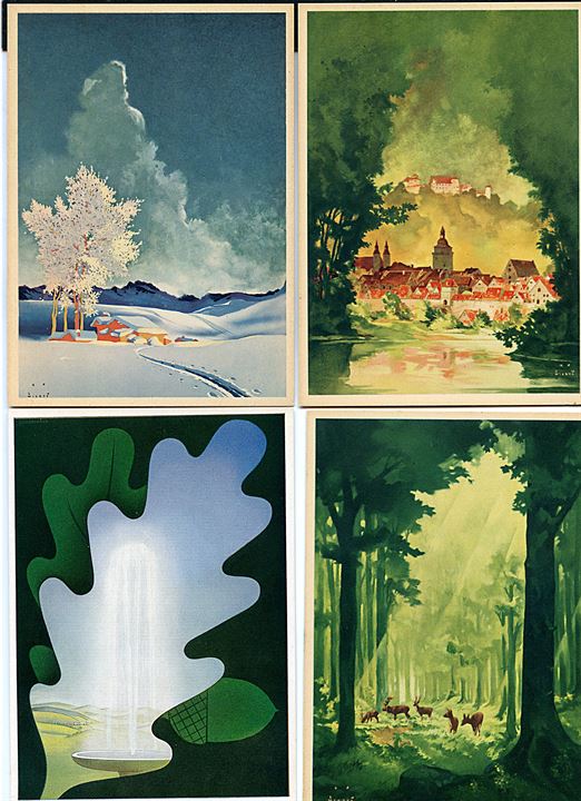 Serie med 12 tyske kort efter Deutsche Reichsbahn turistplakater. Forskellige kunstnere. 
