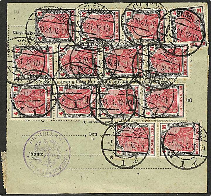 10 pfg. (2), 2 mk. og 4 mk. (14) Germania på for- og bagside af adressekort fra Flensburg d. 5.10.1921 via Tinglev B. til Kolding, Danmark. Godt banegårdsstempel.
