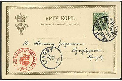 5 øre Våben på brevkort (Den japanske udstilling) fra Kjøbenhavn d. 21.10.1902 til Lyngby. Rødt udstillingsstempel: Östasiatisk Udstilling 1902.