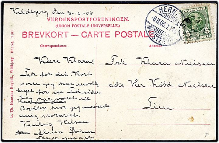 Vildbjerg, gadeparti. L. Th. Hansen no. 7463. 5 øre Chr. IX på brevkort annulleret med stjernestempel (utydeligt), samt bureaustempel Herning - Holstebro T.1190 d. 08.11.1906 til Tim St.