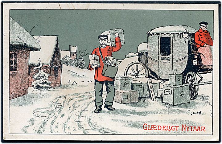 Tegnet Nytårskort med post og postdiligence. Kunstner ukendt. A. Vincent serie 251/6.