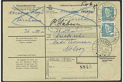 50 øre Fr. IX i parstykke på Indkasserings-postanvisning annulleret med pr.-stempel Nolsø pr. Thorshavn d. 11.3. 1961 til Thorshavn. Retur som ikke afhentet.