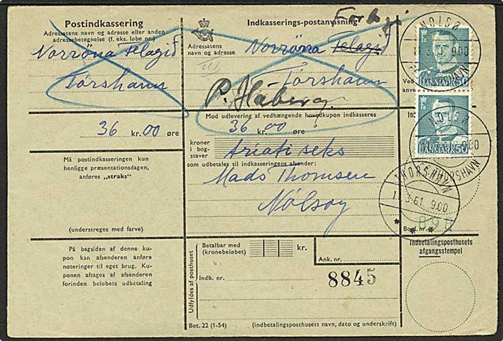 50 øre Fr. IX i parstykke på Indkasserings-postanvisning annulleret med pr.-stempel Nolsø pr. Thorshavn d. 11.3. 1961 til Thorshavn. Retur som ikke afhentet.