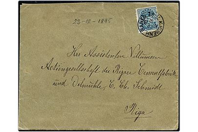 20 øre Våben på brev annulleret lapidar Kjøbenh. Baneg. d. 8.12.1895 til Riga, Rusland.