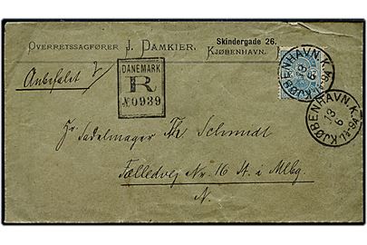 20 øre Våben single på anbefalet lokalbrev i Kjøbenhavn d. 13.6.1894. 