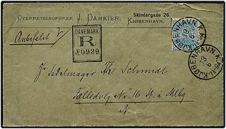 20 øre Våben single på anbefalet lokalbrev i Kjøbenhavn d. 13.6.1894. 