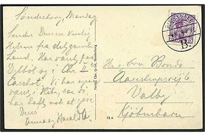 15 øre Chr. X på brevkort annulleret med brotype Vb stempel Sønderborg B. d. 4.8.1924 til København. Anvendt 1½ år senere end registreret i Daka.