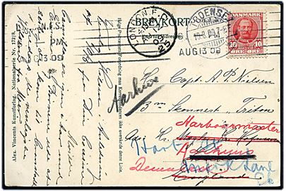 10 øre Fr. VIII på brevkort fra Troense d. 10-8-1909 til kaptajn ombord på 3-mastet skonnert Triton i London, England - eftersendt til Aarhus.
