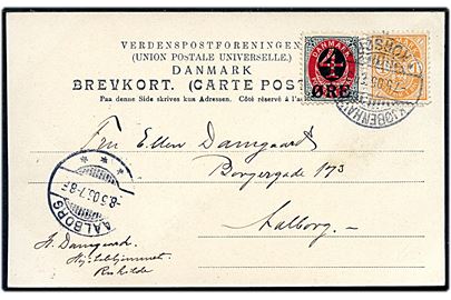 1 øre Våben og 4/8 øre provisorium på brevkort fra Roskilde annulleret med bureaustempel Kjøbenhavn - * Korsør * T.43 d. 7.5.1905 til Aalborg.