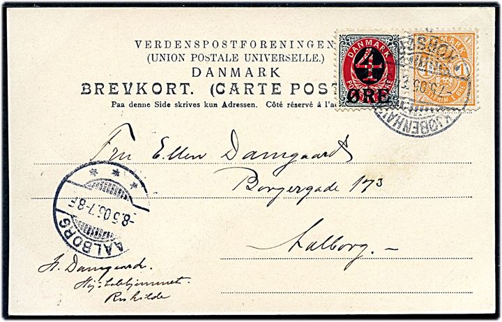 1 øre Våben og 4/8 øre provisorium på brevkort fra Roskilde annulleret med bureaustempel Kjøbenhavn - * Korsør * T.43 d. 7.5.1905 til Aalborg.