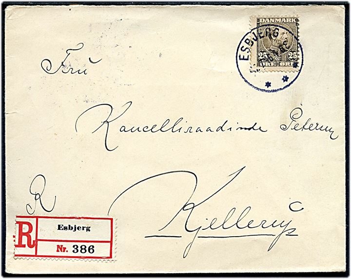 25 øre Chr. IX single på anbefalet brev fra Esbjerg d. 17.7.1916 til Kjellerup. Sen anvendelse. 