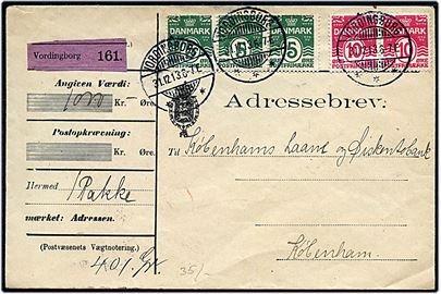 5 øre (3-stribe) og 10 øre (par) Bølgelinie på 35 øre frankeret adressebrev for værdipakke fra Vordingborg d. 31.12.1913 til København.
