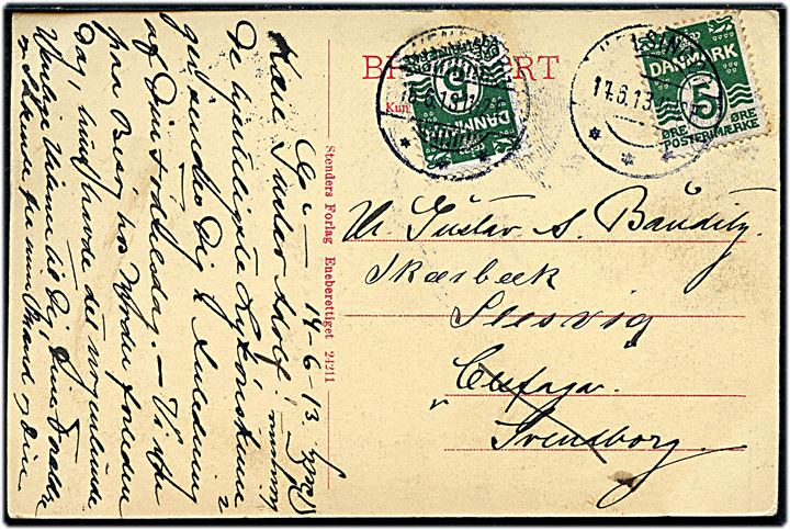 5 øre Bølgelinie på brevkort fra Helsingør d. 14.6.1913 til Svendborg. Privat opfrankeret til udenrigstakst og eftersendt fra Svendborg d. 16.6.1913 til Skærbæk, Nordslesvig