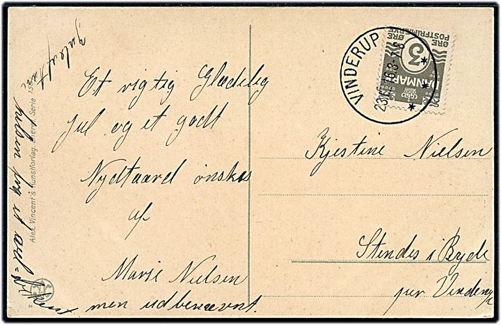 3 øre Bølgelinie på lokalt julekort annulleret med brotype IIIb Vinderup d. 23.12.1916.