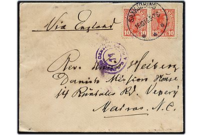 10 øre Chr. X i parstykke på brev fra Saxkjøbing d. 16.10.1916 til dansk missionær i Vepery, Madras, Indien. Påskrevet Via England og åbnet af indisk censur i Madras.